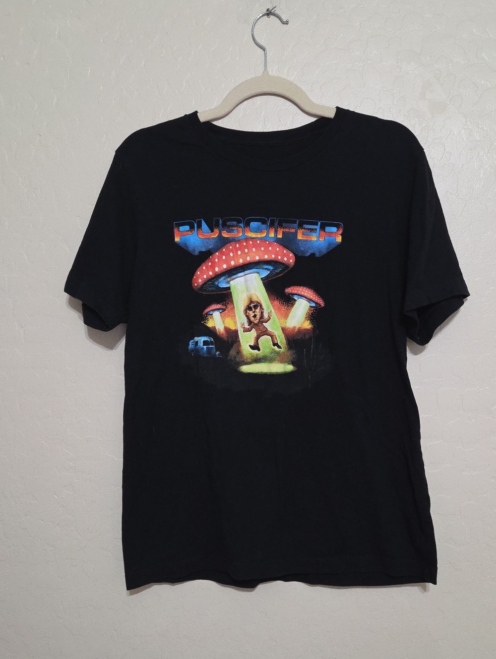 Puscifer Black Graphic Band Tee with Colorful Mushroom Art